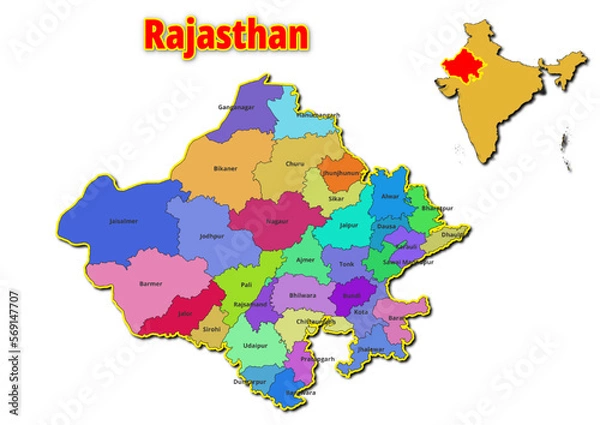 Fototapeta Map of Rajasthan State with names of regions. Vector illustration of geographical map of Rajasthan State depicted on the map of India. 