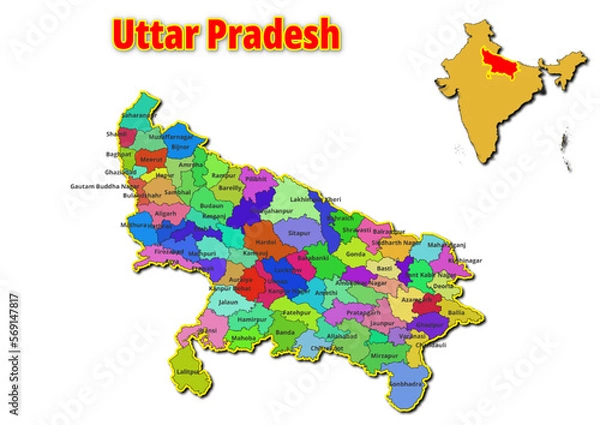 Fototapeta Map of Uttar Pradesh State with names of regions. Vector illustration of geographical map of Uttar Pradesh State depicted on the map of India. 