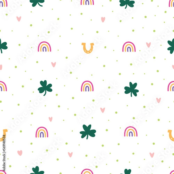 Obraz St. Patrick's Day: Irish celebration green background pattern, lucky golden horseshoe, shamrocks, rainbows, hearts wallpaper, web page background, seamless vector design