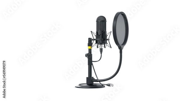 Obraz Microphone with stand on the desk and pop filter. Isolated background. Sound recording equipment concept. Professional studio black mic, cable and black pop filter on mic stand. 3d render