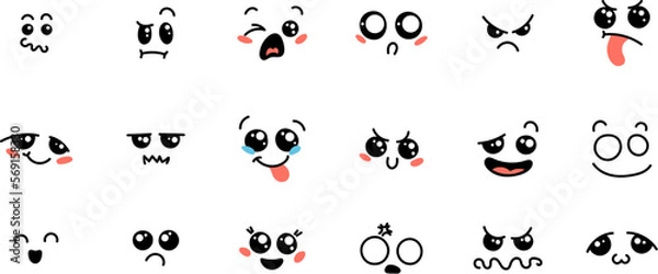 Fototapeta Various Cartoon Emoticons Set. Doodle faces, eyes and mouth. Caricature comic expressive emotions, smiling, crying and surprised character face expressions