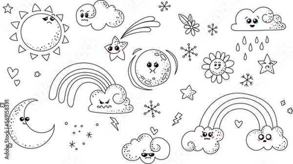 Fototapeta Cute doodle weather set. Kawaii emotional weather forecast. Cute sun, moon and happy clouds