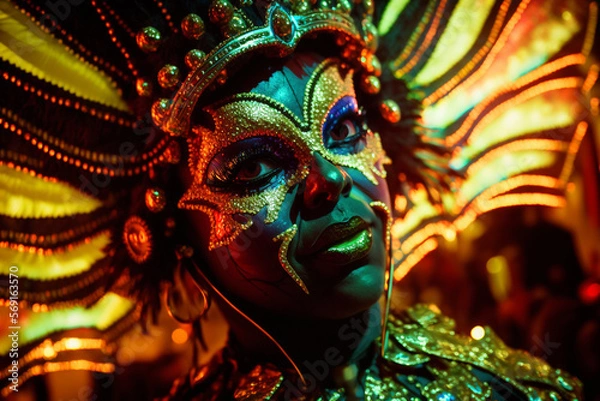 Fototapeta Carnival Chaos - A close-up shot of the Brazilian Carnival, capturing the energy and excitement of the music festival and masquerade celebration. AI