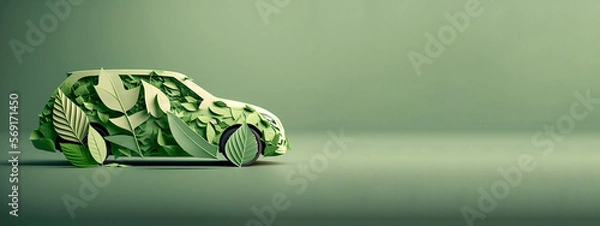 Fototapeta Isolated car formed by green leaves and branches on a green background. Car ecology concept. Generative AI