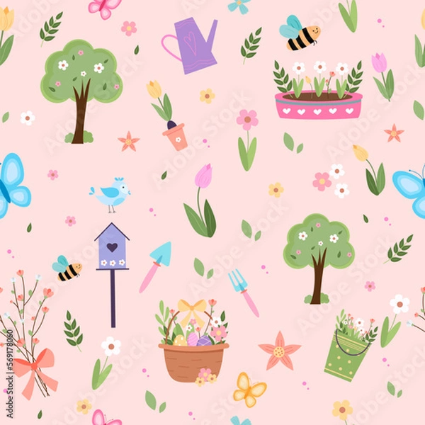 Obraz Spring elements collection cute birds bees flowers butterflies easter eggs hand drawn elements. pattern