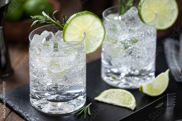 Fototapeta Gin and tonic cocktail with lime. rosemary and ice