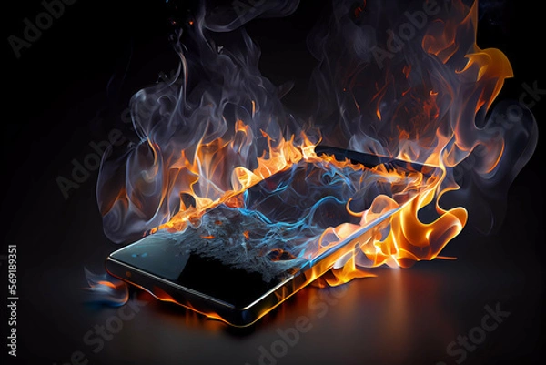 Fototapeta A burning black smartphone on dark background. Inflammation of cellphone accumulator.