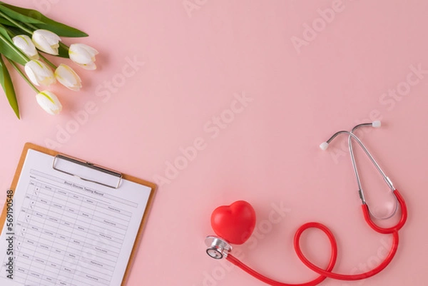 Fototapeta Doctors Day or World Health Day concept for background with stethoscope, red heart and checklist