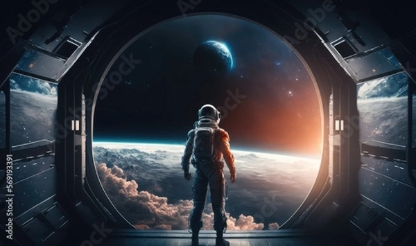 Obraz astronaut looking out space station window made with generative ai