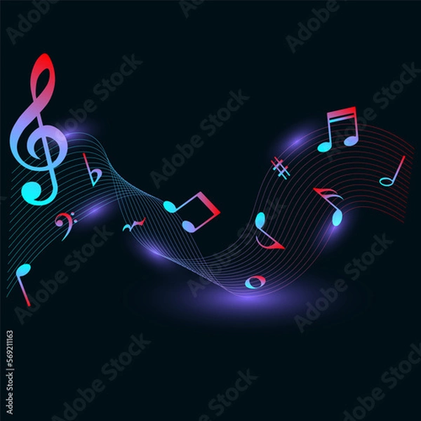 Fototapeta Colorful music notes with purple glow on dark background, isolated musical vector illustration.