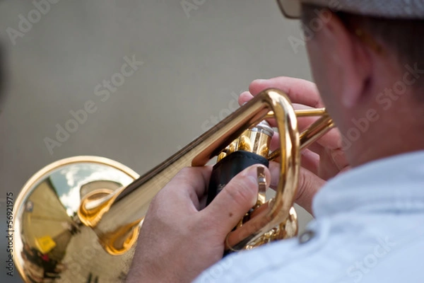 Obraz man playing golden trompet with reflections