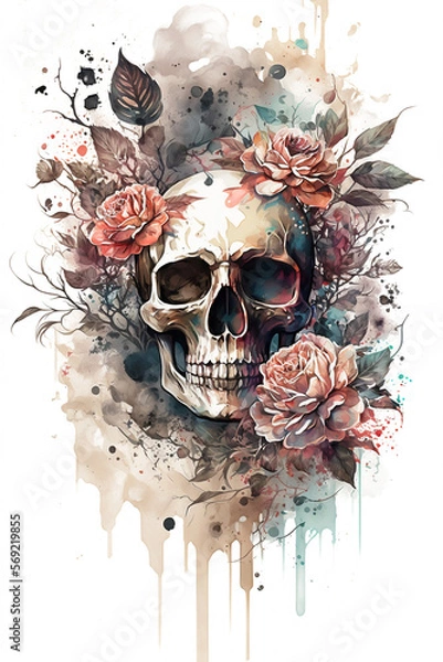 Fototapeta Watercolor Floral Skulls Clipart PNG Sublimation, Transparent Skulls with Flowers, witch png, Flower skull Clipart, generative ai.