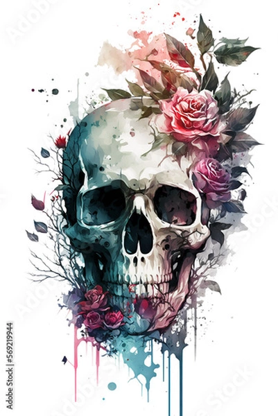 Fototapeta Watercolor Floral Skulls Clipart PNG Sublimation, Transparent Skulls with Flowers, witch png, Flower skull Clipart, generative ai.