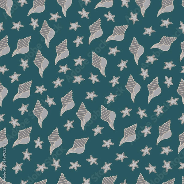 Fototapeta Vector curvy conches starfishes grey deep green seamless pattern background. Suitable for fabrics/ home-decor, wallpaper, giftwrapping and  scrapbooking projects.