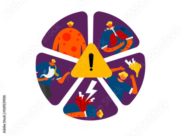 Obraz Cartoon of anaphylaxis warning signs and symptoms.