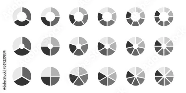 Fototapeta Donut or pie chart templates. Circle divides on 3, 4, 5, 6, 7, 8 parts. Set of wheel diagrams with three, four, five, six, seven, eight sections isolated on white background. Vector flat illustration