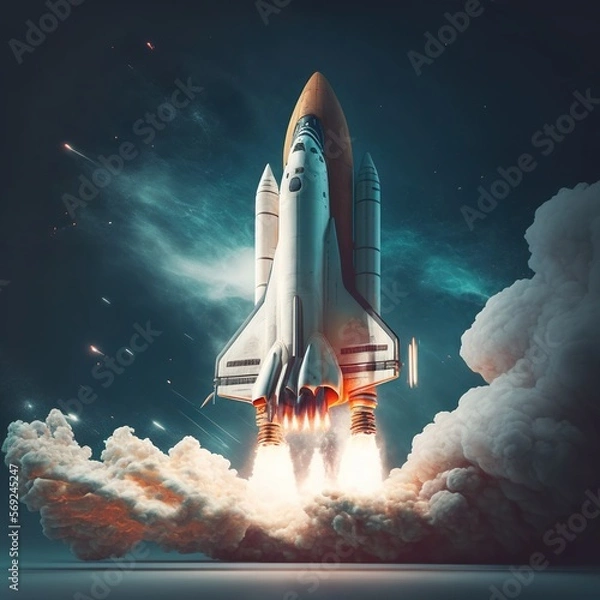 Fototapeta Spaceship taking off over night sky against cloud background, created using generative ai technology