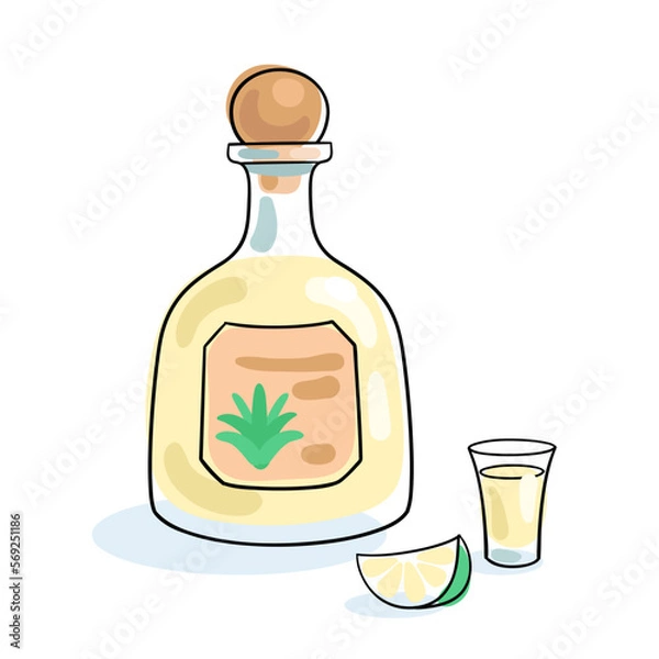 Fototapeta Tequila bottle and shot glass. Picture in line style. Black contour with colored spots. Isolated on white background. Vector flat illustration. Bar and restaurant menu template.