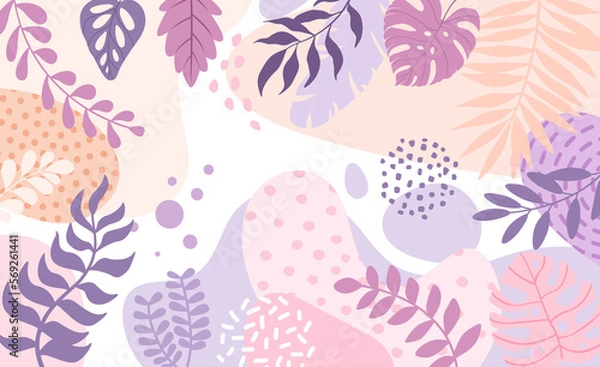 Fototapeta Design banner frame background .Colorful poster background vector illustration.Exotic plants, branches,art print for beauty, fashion and natural products,wellness, wedding and event.