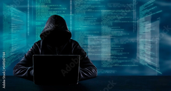 Obraz Hacking and technology crime concept. No face hacker with laptop with code background.