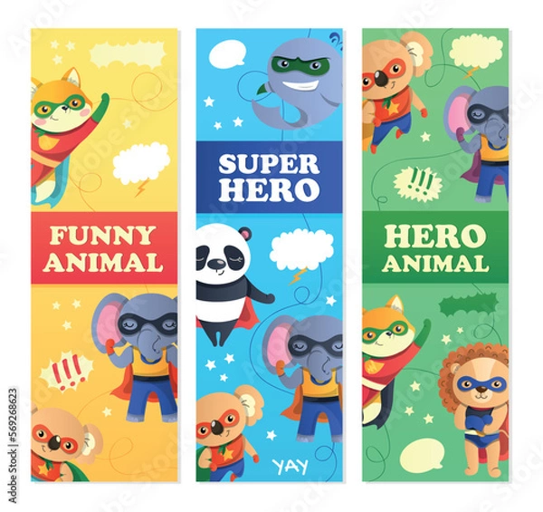 Fototapeta Superheroes banner set. Collection of graphic elements for website. Elephant, panda and lion in capes and masks. Imagination and fantasy. Cartoon flat vector illustrations isolated on white background