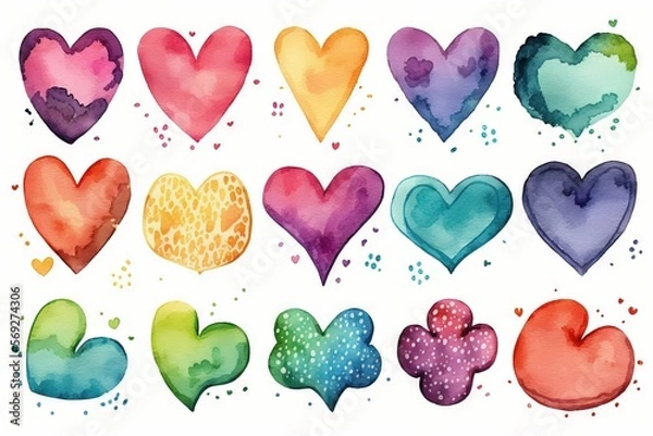 Fototapeta  a set of watercolor hearts with different colors and shapes on a white background with a splash of paint on the bottom of the hearts.  generative ai
