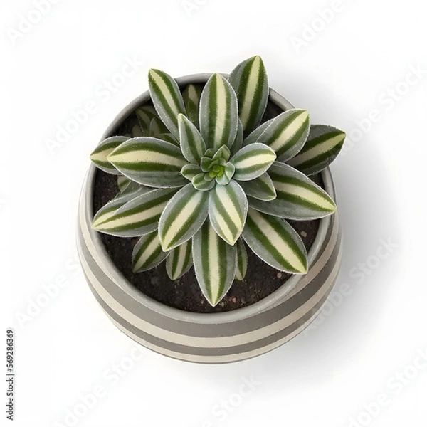 Fototapeta Stylish Succulent: Striped Small Plant in a Grey Concrete Pot, Top View
