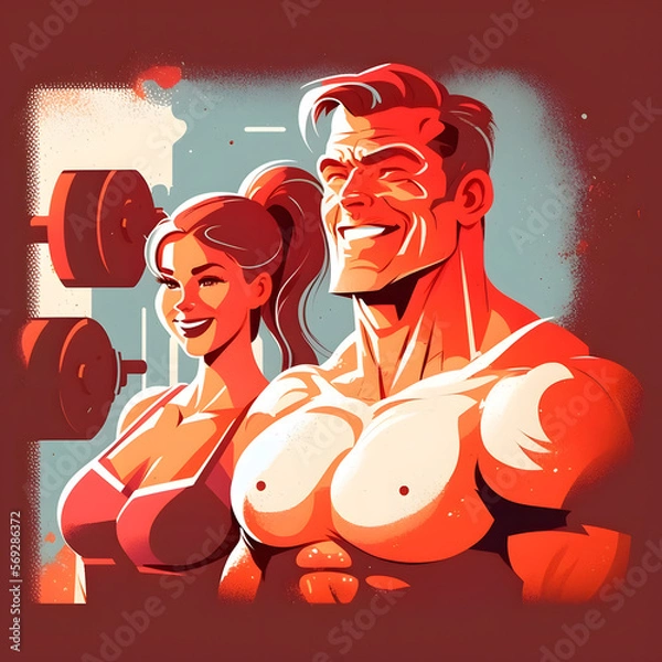 Fototapeta Fit and Focused: Woman and Man Exercising with Dumbbells at Successful Fitness Studio