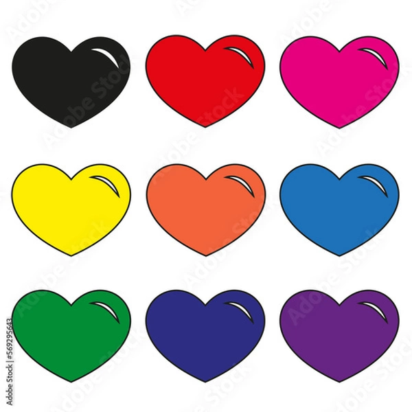 Obraz Multicolor hearts set with black stroke. Cartoon hearts set vector.