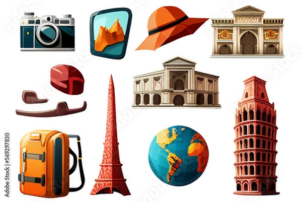 Obraz set of tourism icon isolated, fictional properties, generated with AI