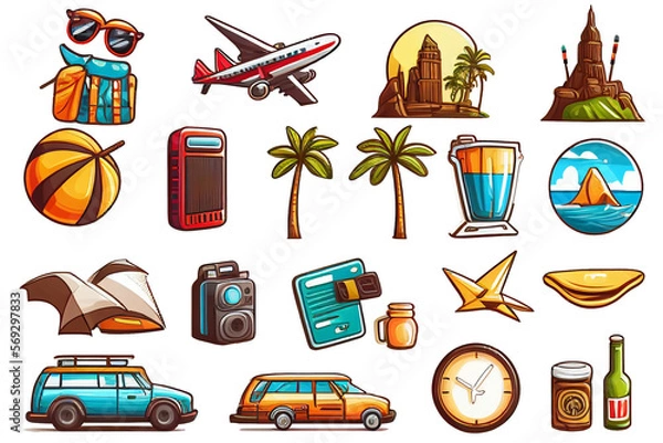 Obraz set of tourism icon isolated, fictional properties, generated with AI