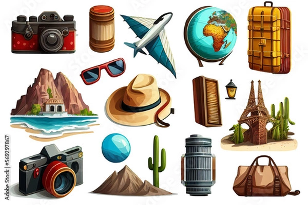 Obraz set of tourism icon isolated, fictional properties, generated with AI