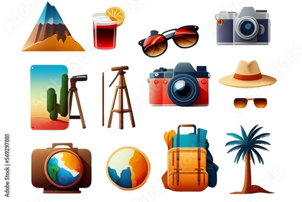 Fototapeta set of tourist icon isolated, fictional properties, generated with AI