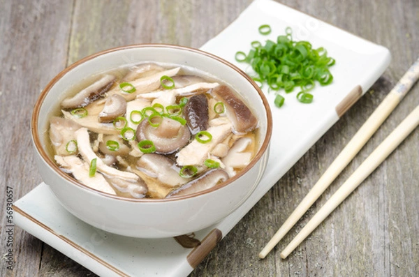 Obraz Chinese food - soup with chicken, shiitake and greens