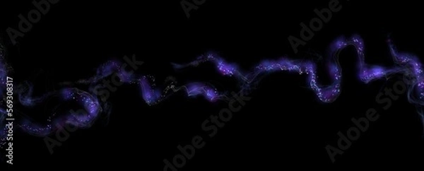 Fototapeta Violet plume of glowing smoke, black abstract background. Effect isolated in dark futuristic digital art, waves dynamic transparent composition