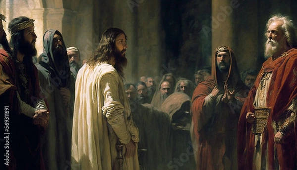 Fototapeta The trial of Jesus before Pontius Pilate - AI generative