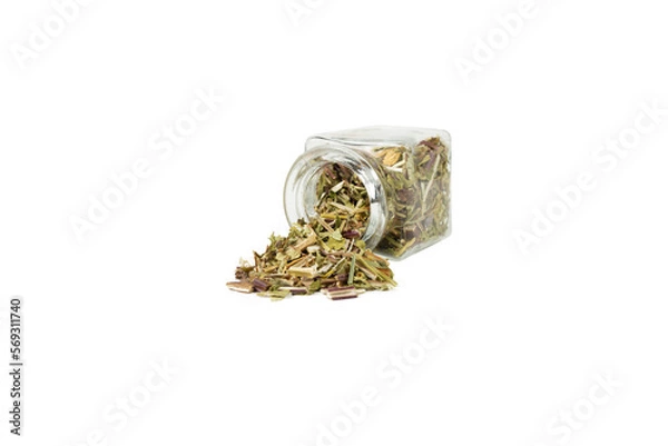 Fototapeta Catnip herb in latin - Nepeta cataria  falling out of a glass jar isolated on white background. Medicinal herb.