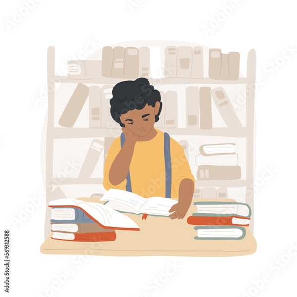 Fototapeta Psychological test isolated cartoon vector illustration. Sad child is sitting with many books at the table, gifted child psychological issue, emotional intelligence for kids vector cartoon.
