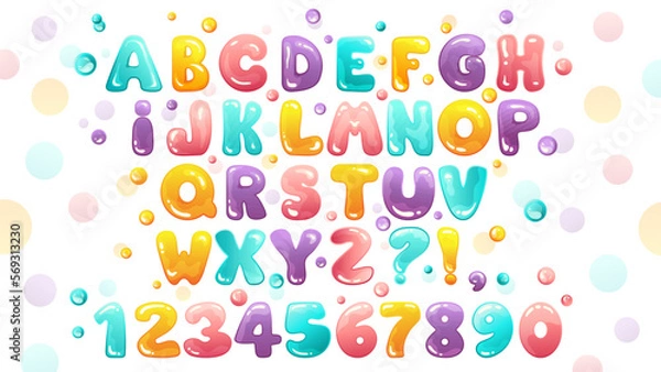 Fototapeta Bubble Gum font with alphabet letters and numbers. Vector cartoon decorative illustration for kids design.