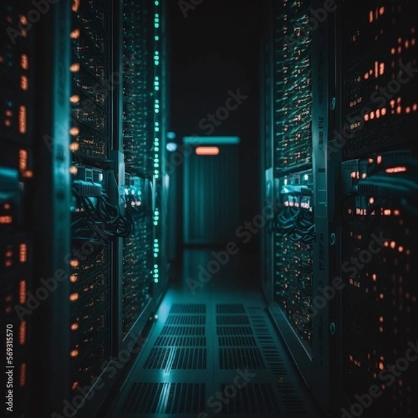 Fototapeta A server room, filled with computer monitors displaying complex algorithms and data streams.