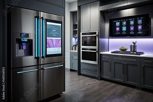 Obraz Kitchen with smart appliances with display screen and a smart oven with voice-controlled settings, concept of Smart Home and Artificial Intelligence, created with Generative AI technology