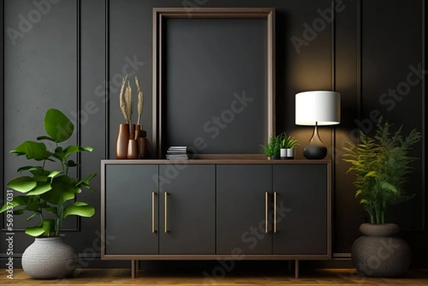 Fototapeta Empty Mockup frame on cabinet in living room interior on empty dark wall background. Generative AI