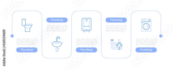 Fototapeta Plumbing presentation design elements. Toilet, washing machine, faucet, boiler, pipes vector infographic template with line icons. Data visualization with five steps. Process timeline chart.