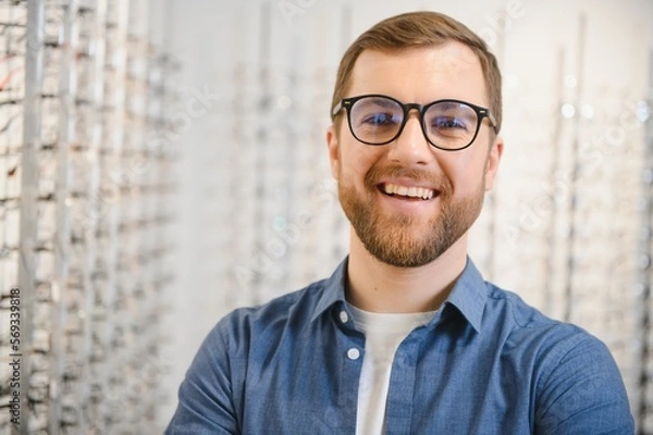 Obraz Satisfied Customer. View of happy young male client wearing new glasses, standing near rack and showcase with eyewear. Smiling man trying on spectacles