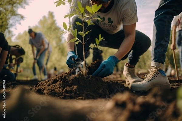 Obraz Person planting trees or working in community garden promoting local food production and habitat restoration, concept of Sustainability and Community Engagement, created with Generative AI technology