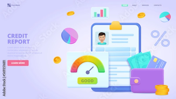 Fototapeta Credit report, credit rating,get loan fast and easy, get loan via smartphone application. Three dimensional design concept for landing page. 3d vector illustration  for website, banner,hero image.