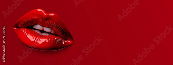 Fototapeta Glossy red lips on red background. Red sexy female lips, beautiful lips, beauty, red lipstick. Copy space. Vector illustration. Generative AI