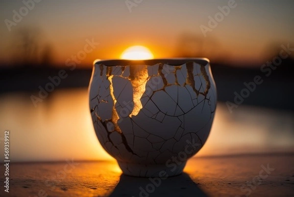 Fototapeta Kintsugi Pottery Vase in the Sunset. Generative AI.