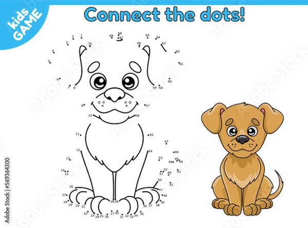 Fototapeta Dot to dot by numbers game. Connect the dots and draw a cute cartoon dog. Activity sheet for children. Educational puzzle for preschool and school kids. Vector illustration of pet.