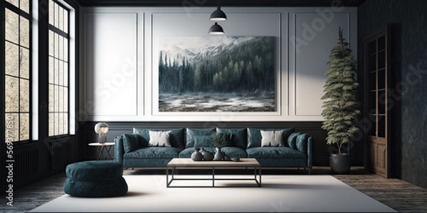 Fototapeta Interior of modern living room 3d rendering, Generative AI